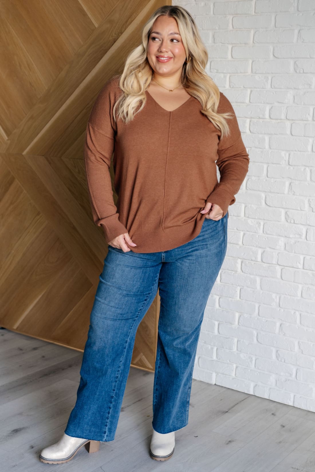 V-Neck Front Seam Sweater in Deep Camel | Sweaters & Cardigans