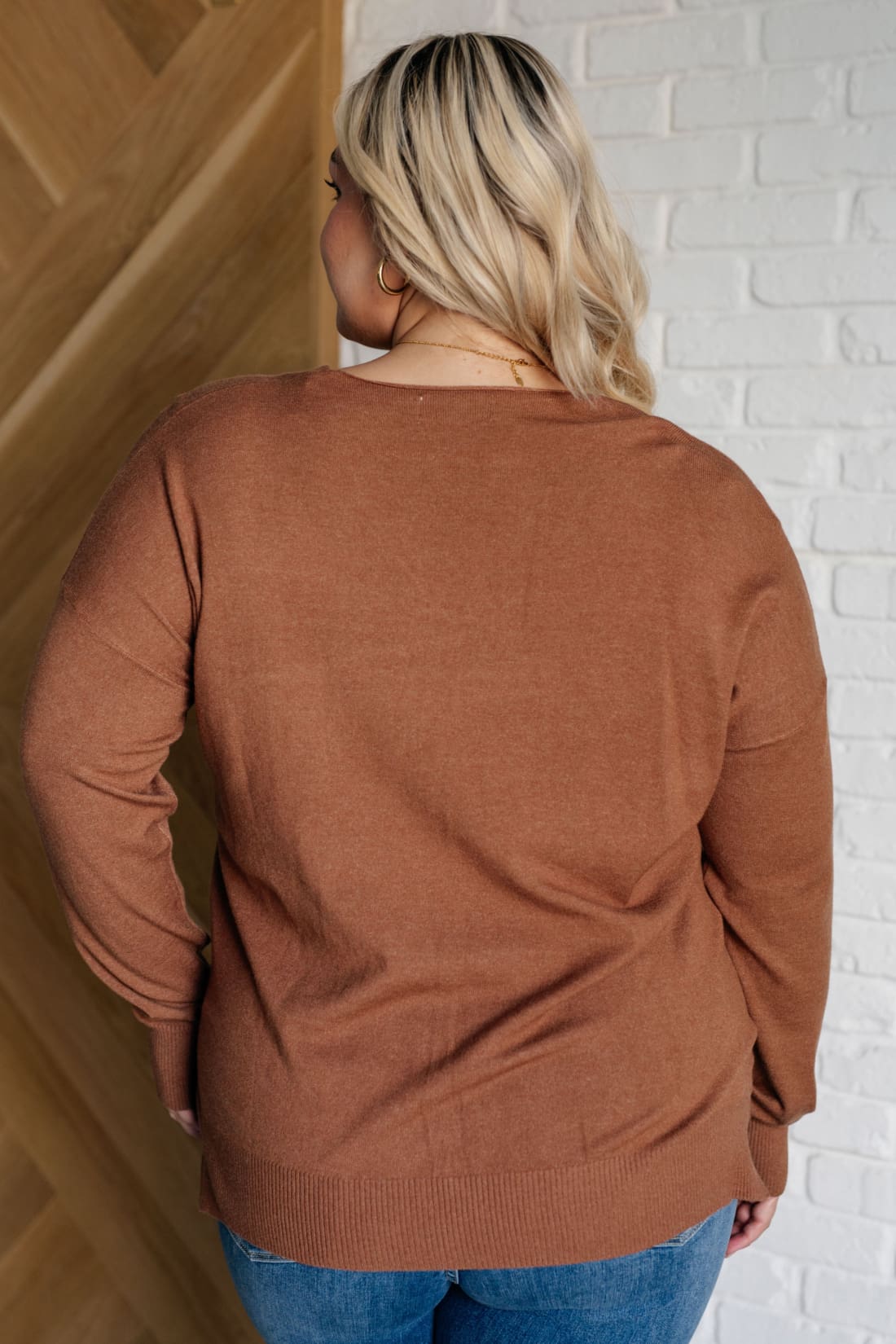 V-Neck Front Seam Sweater in Deep Camel | Sweaters & Cardigans