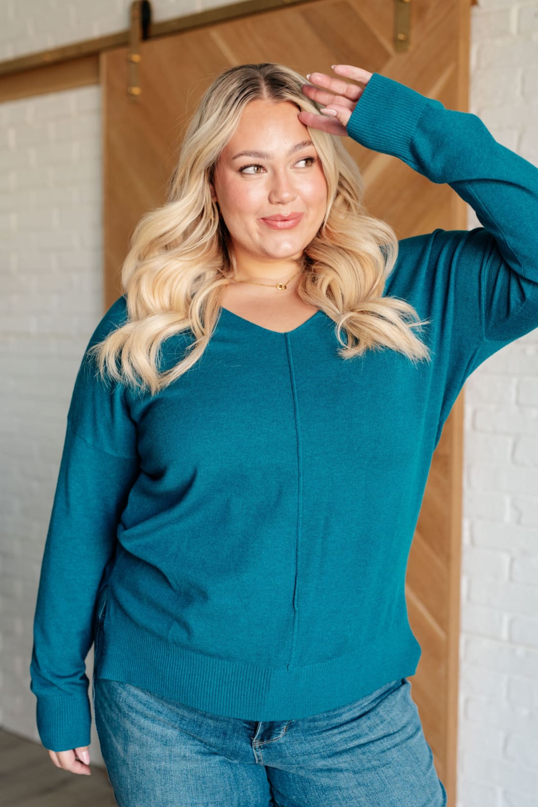 V-Neck Front Seam Sweater in Heather Ocean Teal | Sweaters & Cardigans