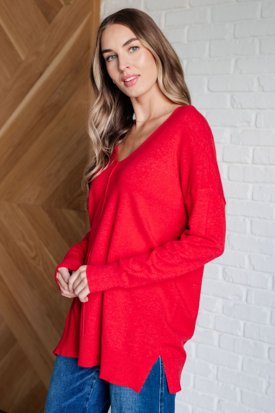 V-Neck Front Seam Sweater in Heather Red | Sweaters & Cardigans