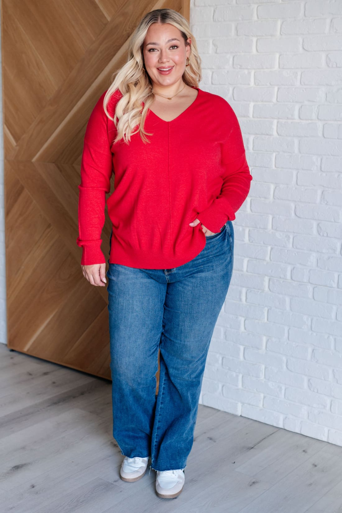 V-Neck Front Seam Sweater in Heather Red | Sweaters & Cardigans