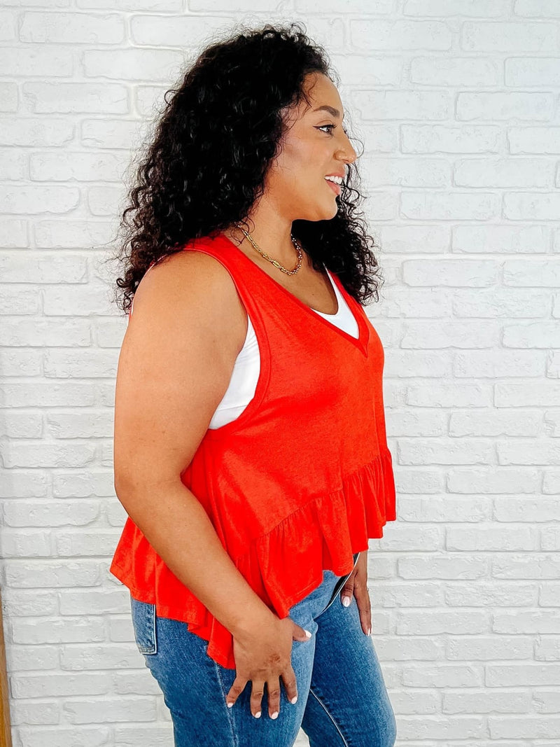 V Neck Ruffled Peplum in Spicy Orange