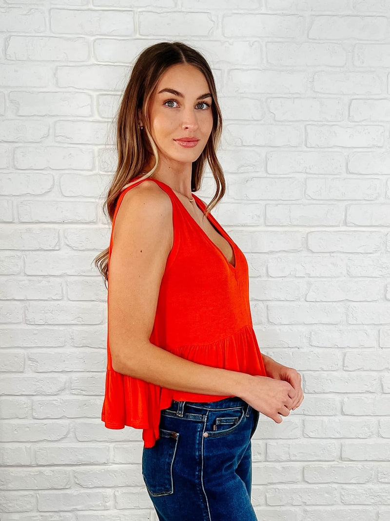 V Neck Ruffled Peplum in Spicy Orange