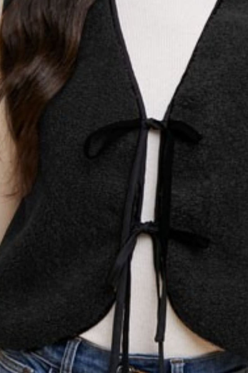 V Neck Tie Detail Vest in Black