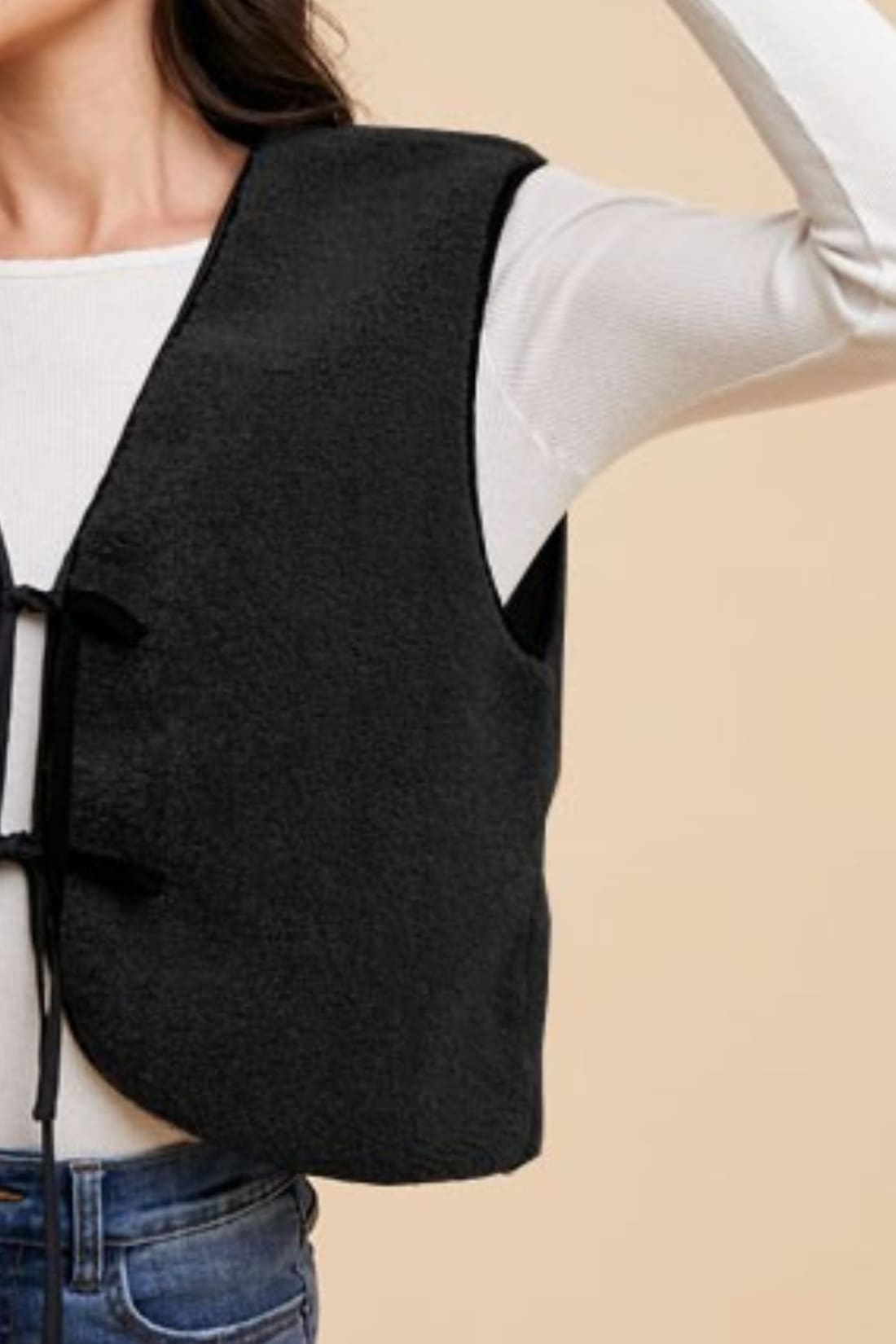 V Neck Tie Detail Vest in Black