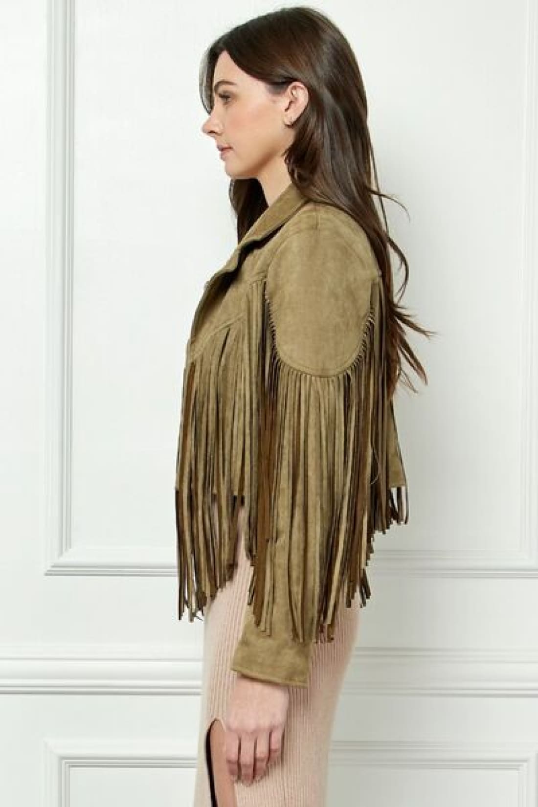 Veveret Suede Fringe Long Sleeve Moto Jacket | Jackets & Coats