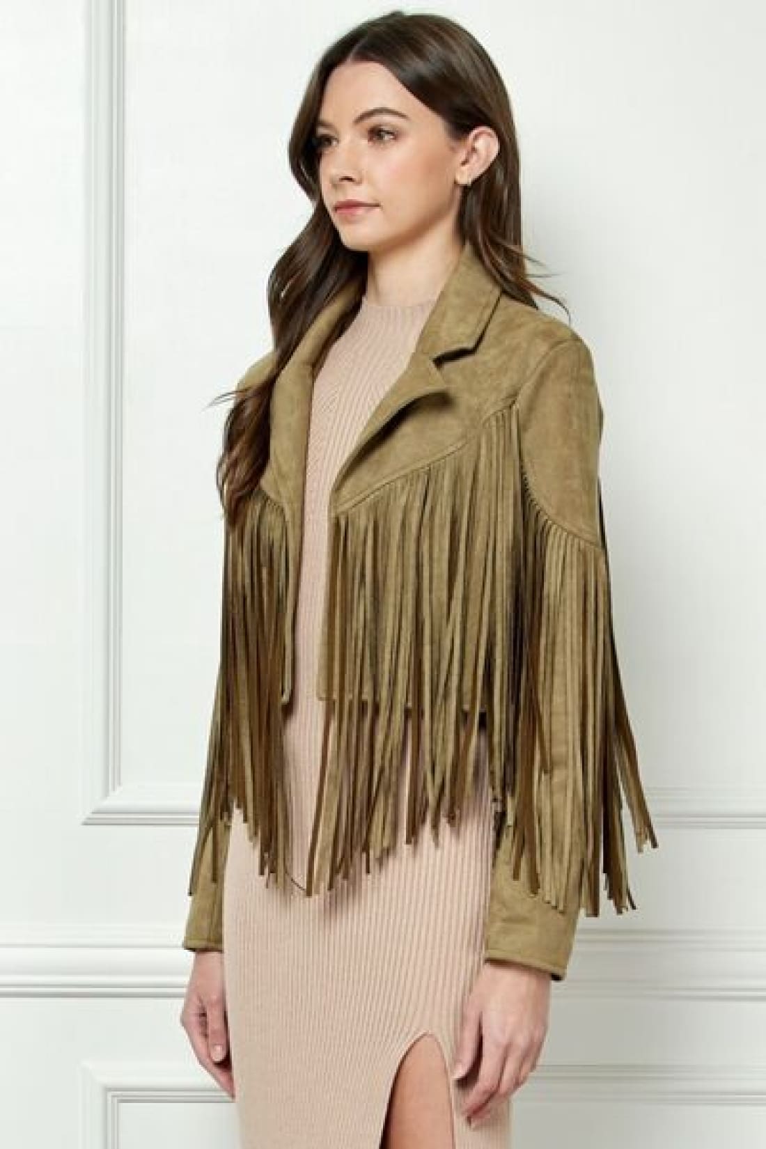 Veveret Suede Fringe Long Sleeve Moto Jacket | Jackets & Coats