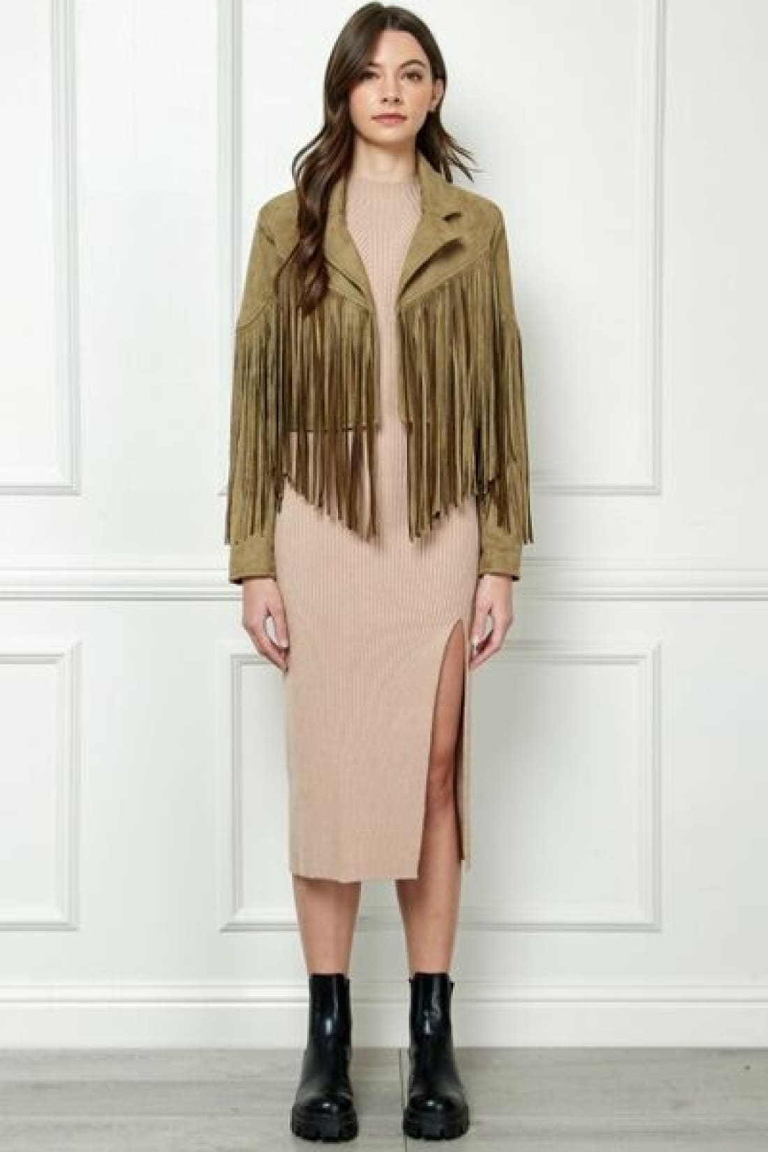 Veveret Suede Fringe Long Sleeve Moto Jacket | Jackets & Coats