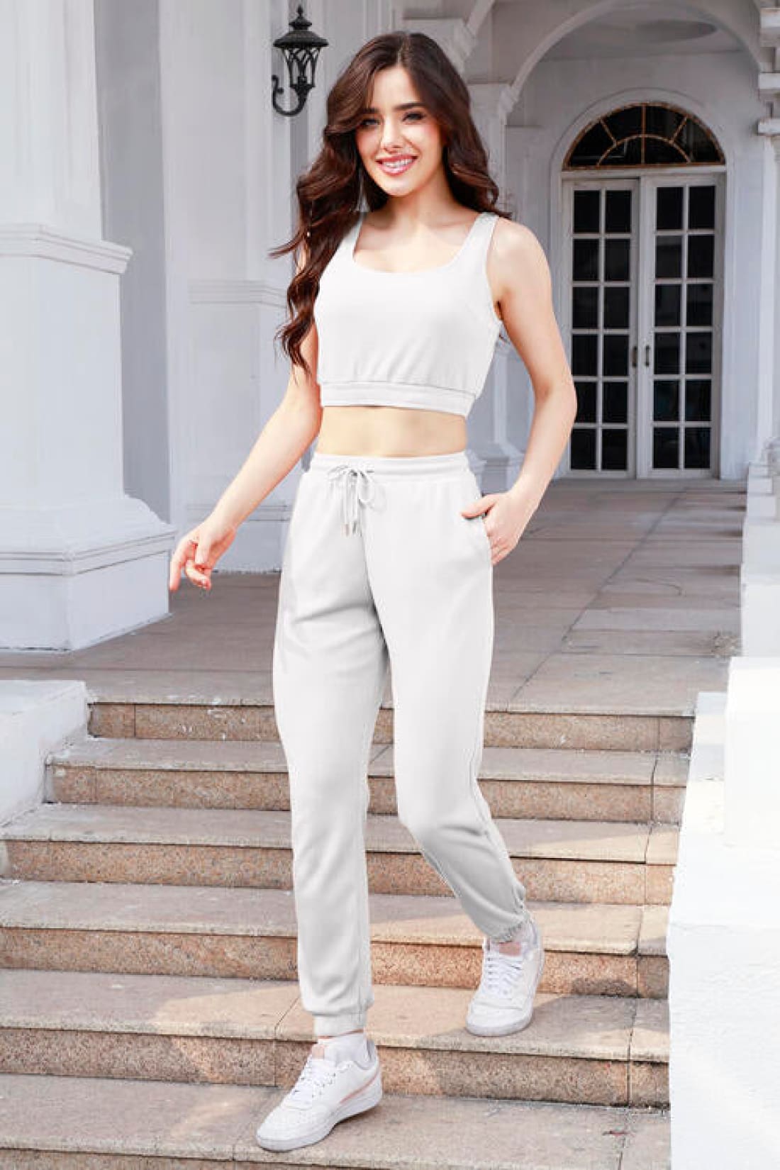 Waffle-Knit Cropped Tank and Drawstring Pants Set | joggers