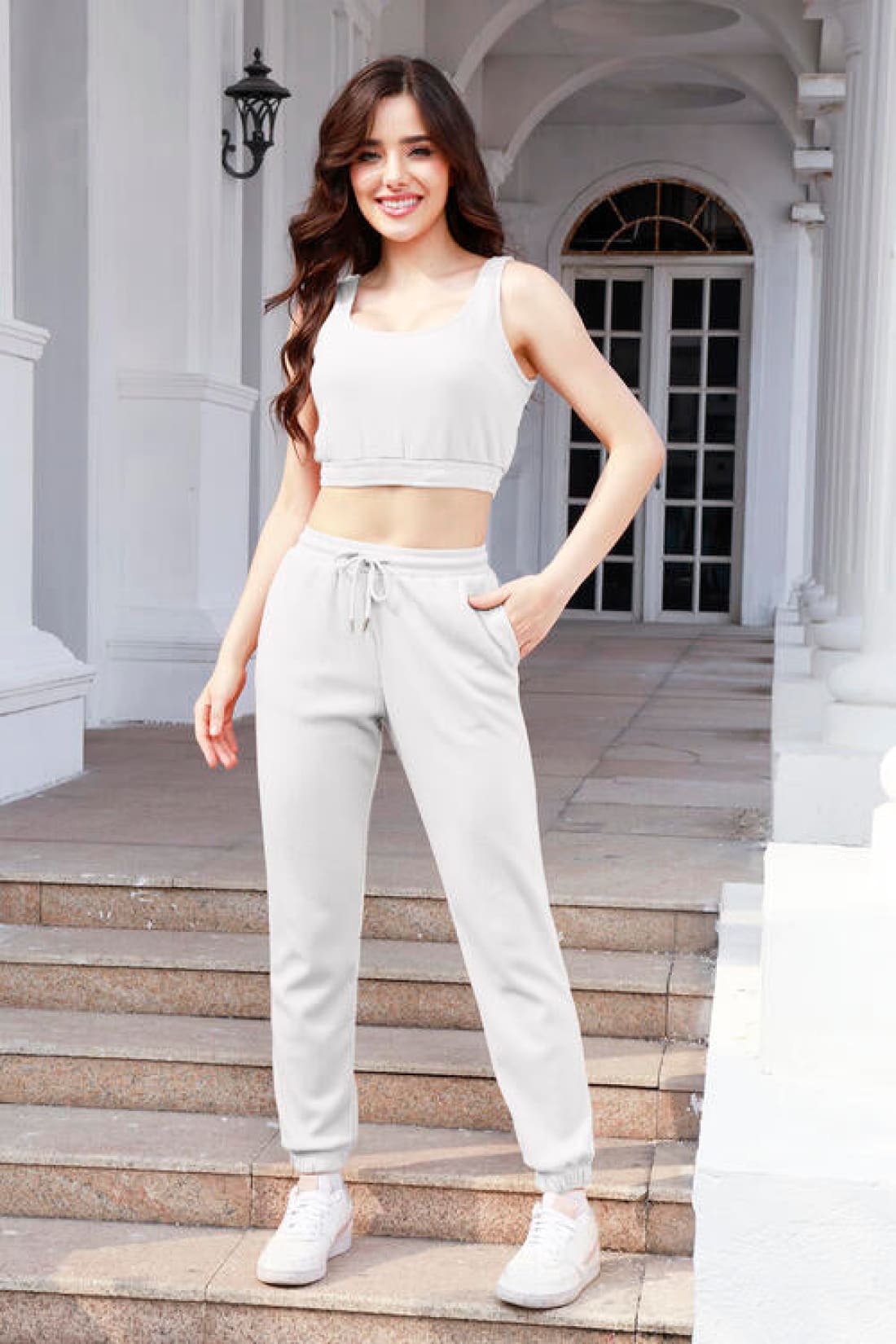 Waffle-Knit Cropped Tank and Drawstring Pants Set | joggers