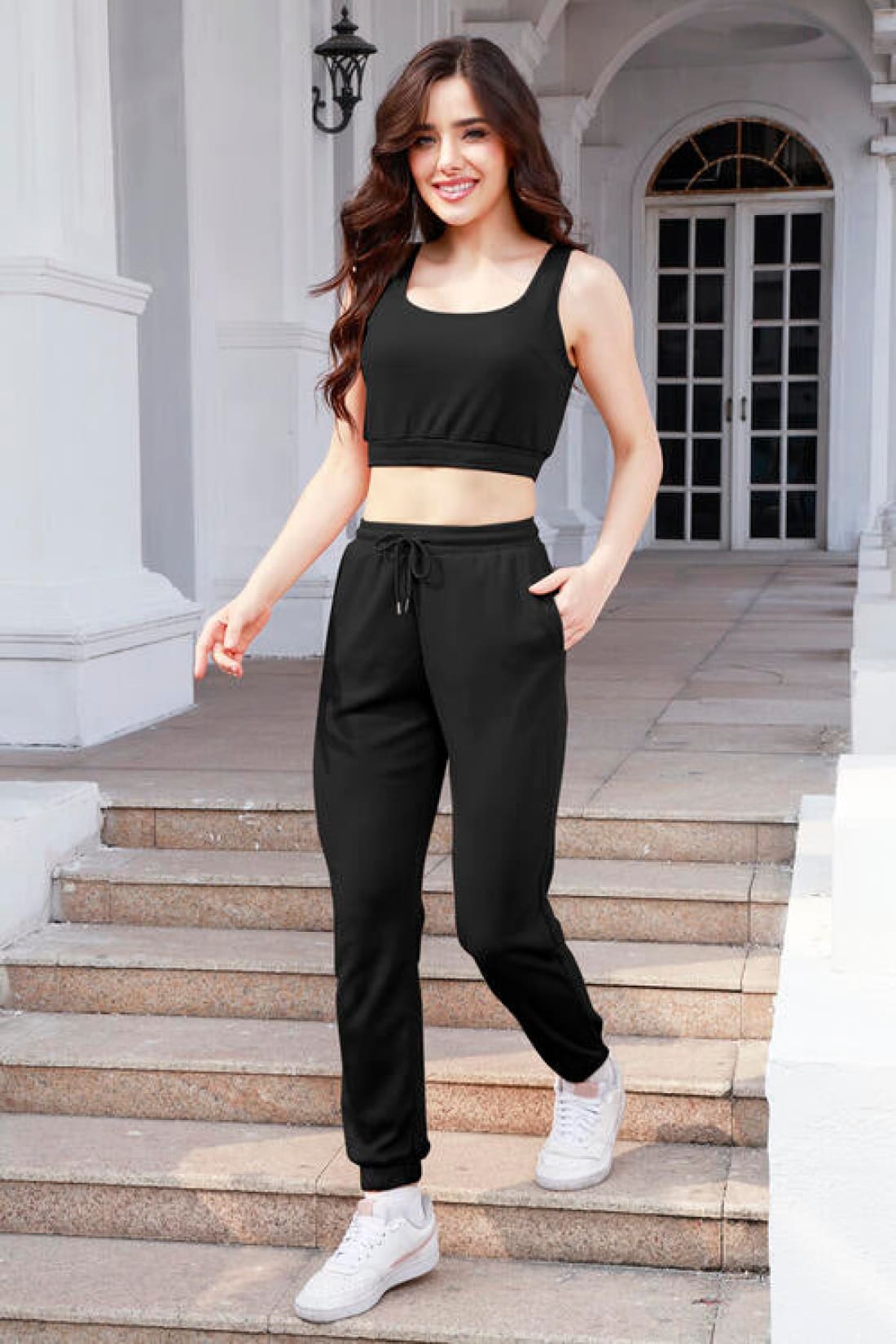 Waffle-Knit Cropped Tank and Drawstring Pants Set | joggers