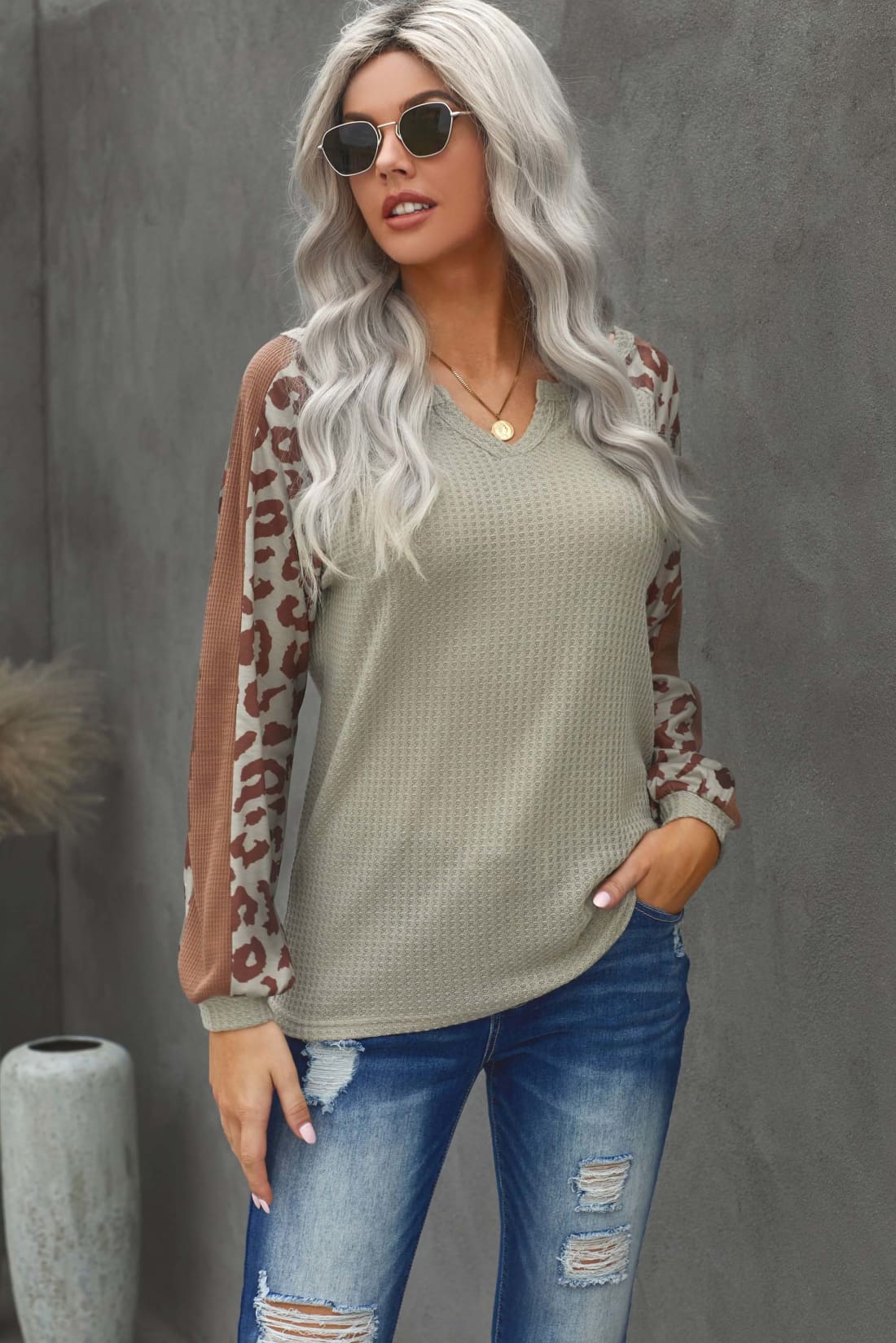 Waffle Knit Pullover with Leopard Detail in Mocha | Long Sleeve Tops