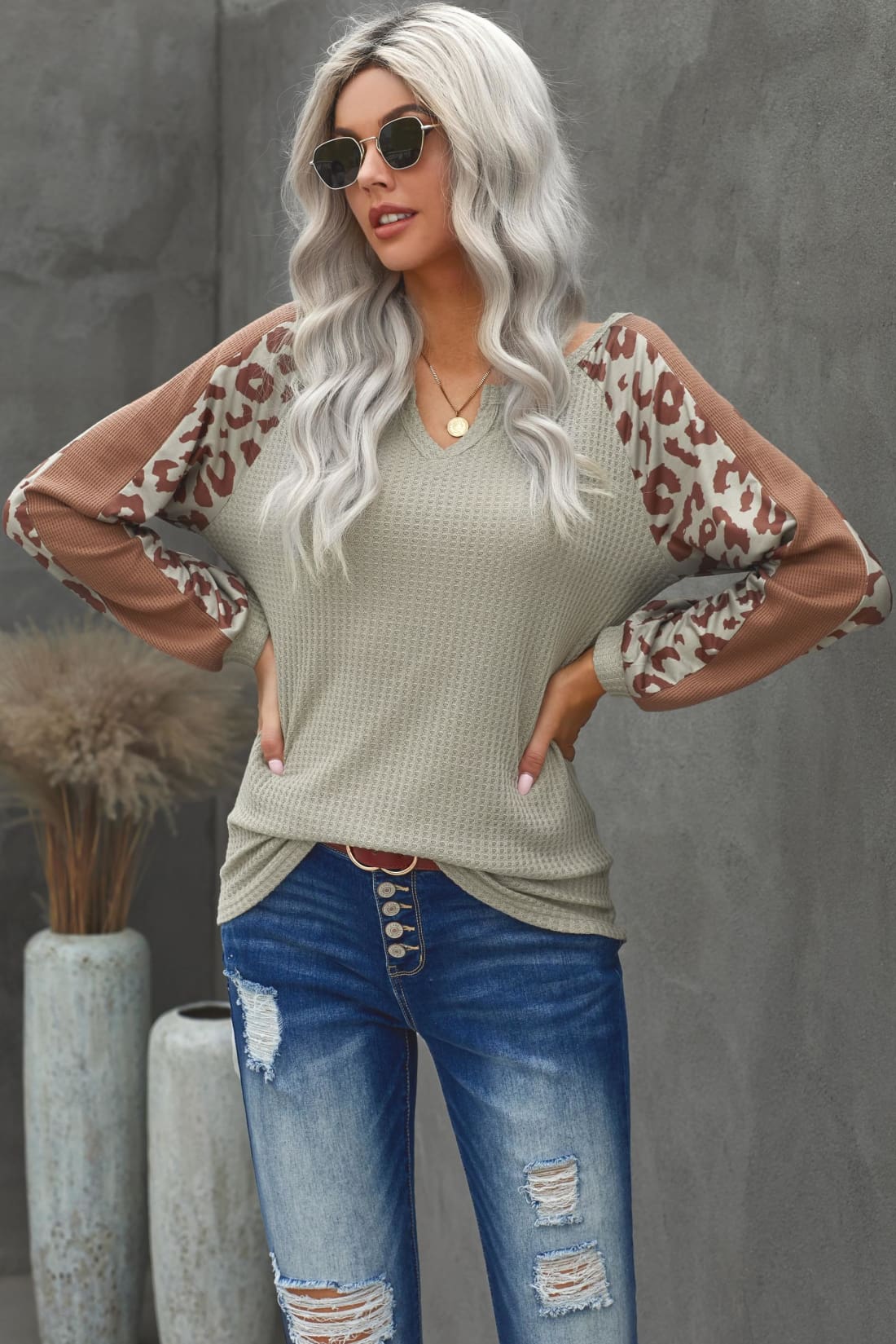 Waffle Knit Pullover with Leopard Detail in Mocha | Long Sleeve Tops