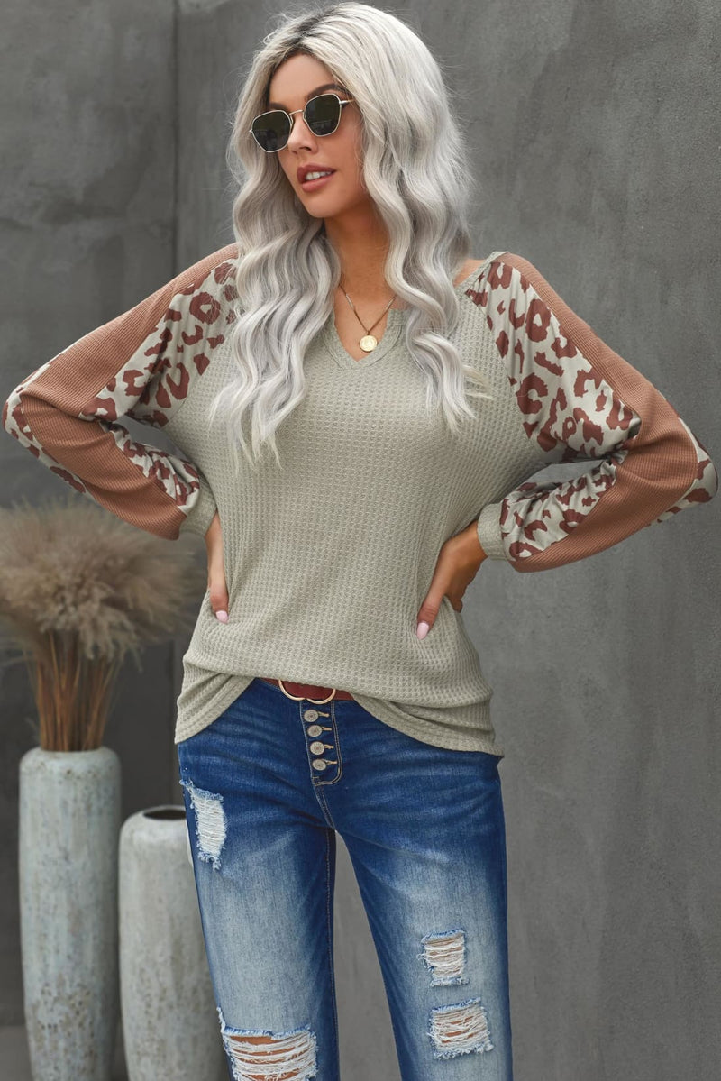 Waffle Knit Pullover with Leopard Detail in Mocha | Long Sleeve Tops