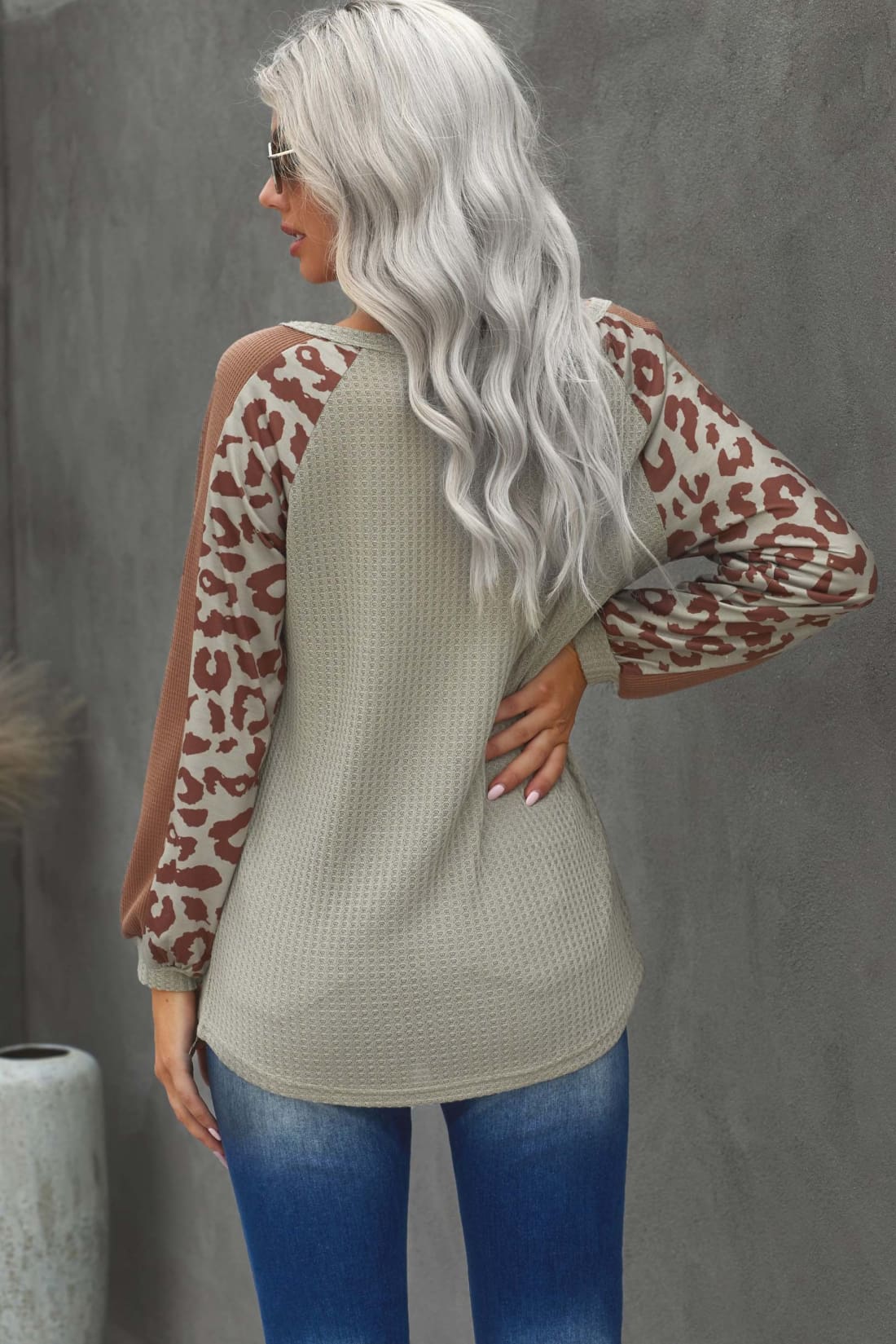 Waffle Knit Pullover with Leopard Detail in Mocha | Long Sleeve Tops