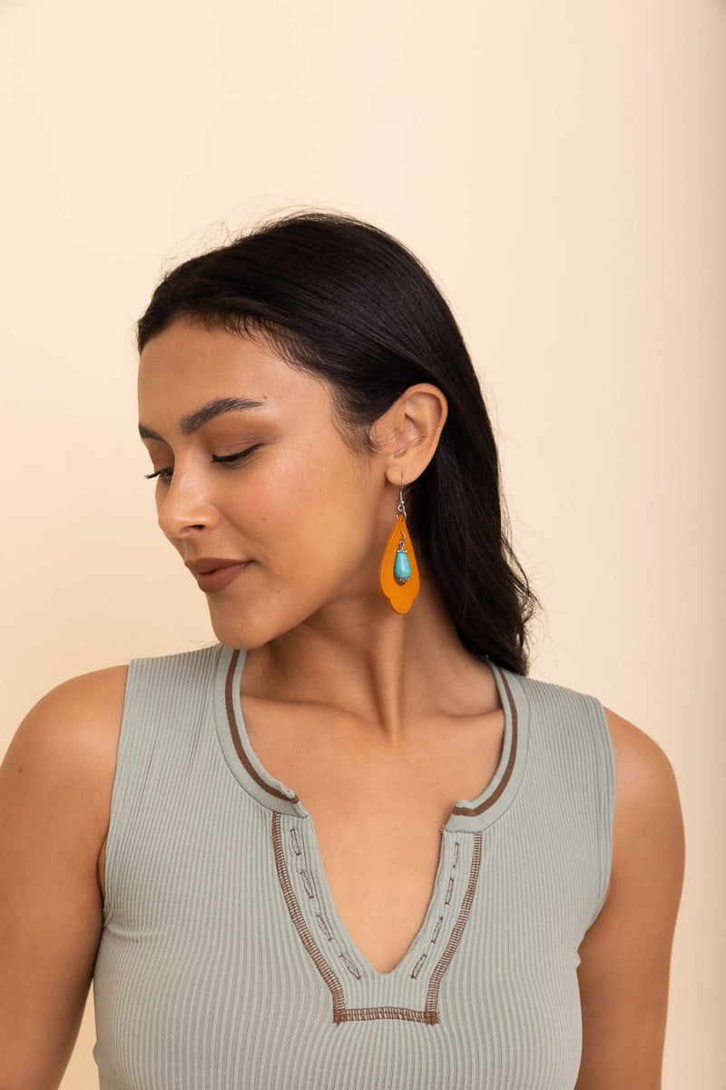 Western Leather Cutout Earrings w/ Turquoise Stone | earrings