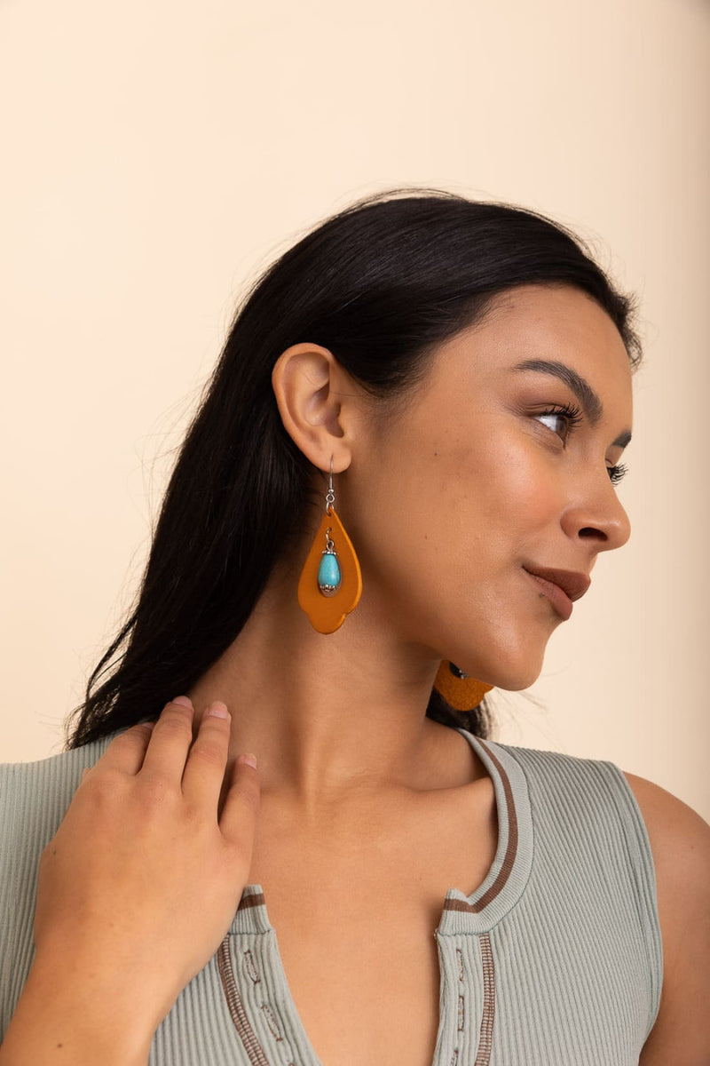 Western Leather Cutout Earrings w/ Turquoise Stone | earrings