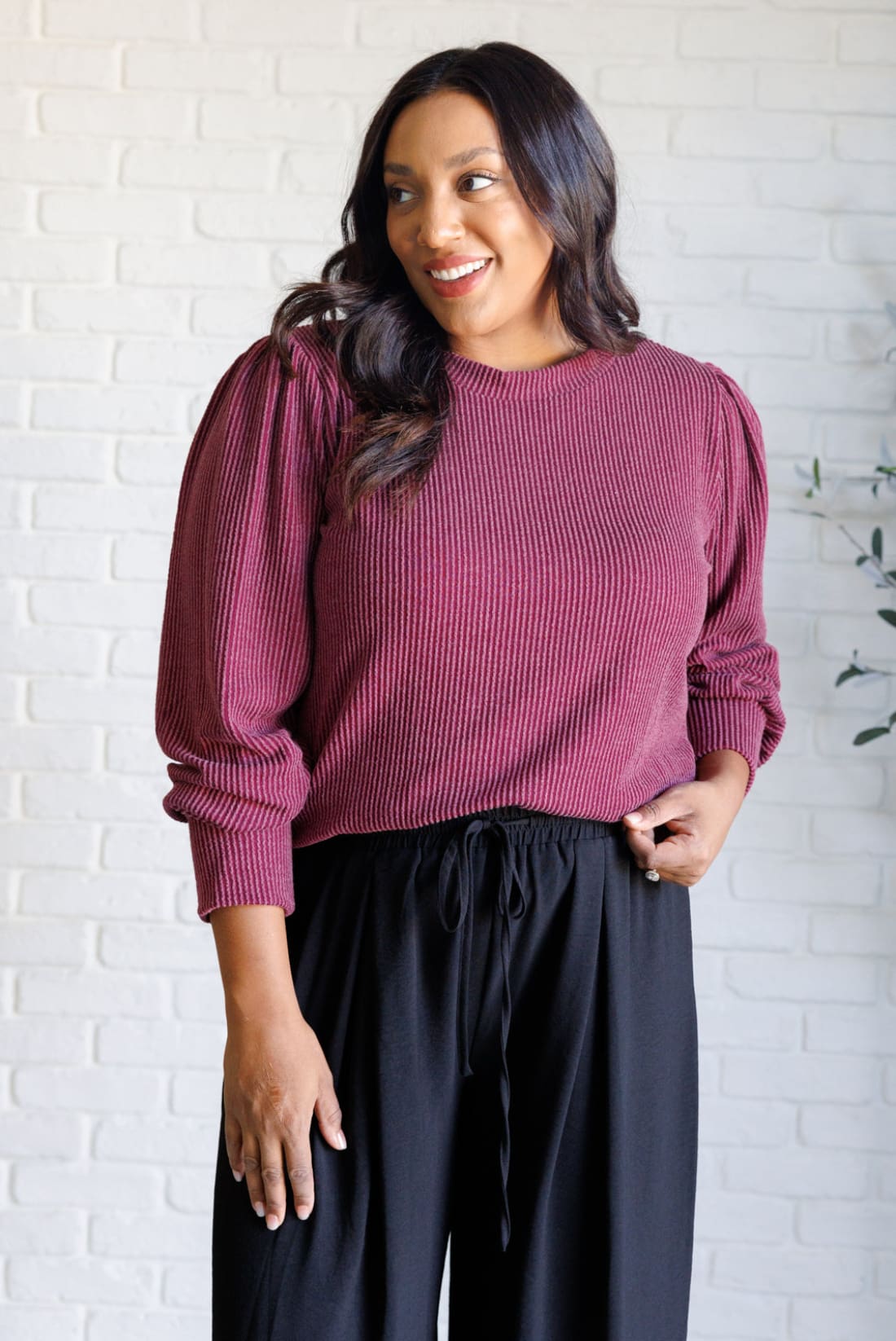 When the Sun Goes Down Mineral Wash Ribbed Knit Top in Wine | Long Sleeve Tops