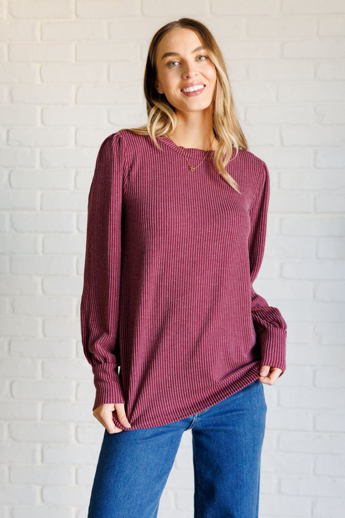 When the Sun Goes Down Mineral Wash Ribbed Knit Top in Wine | Long Sleeve Tops