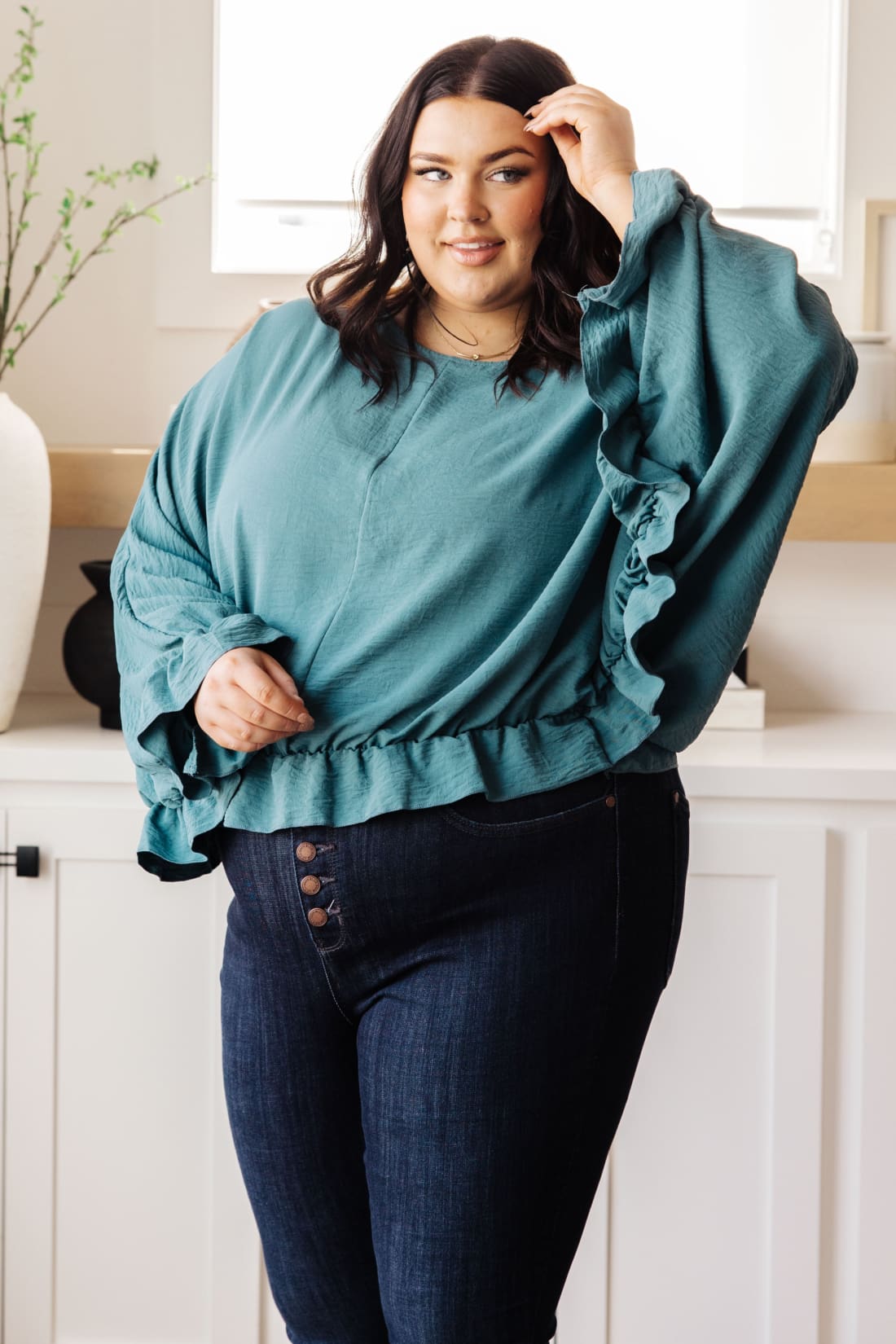 Winging It Ruffle Detail Top in Teal | Blouses & Shirts