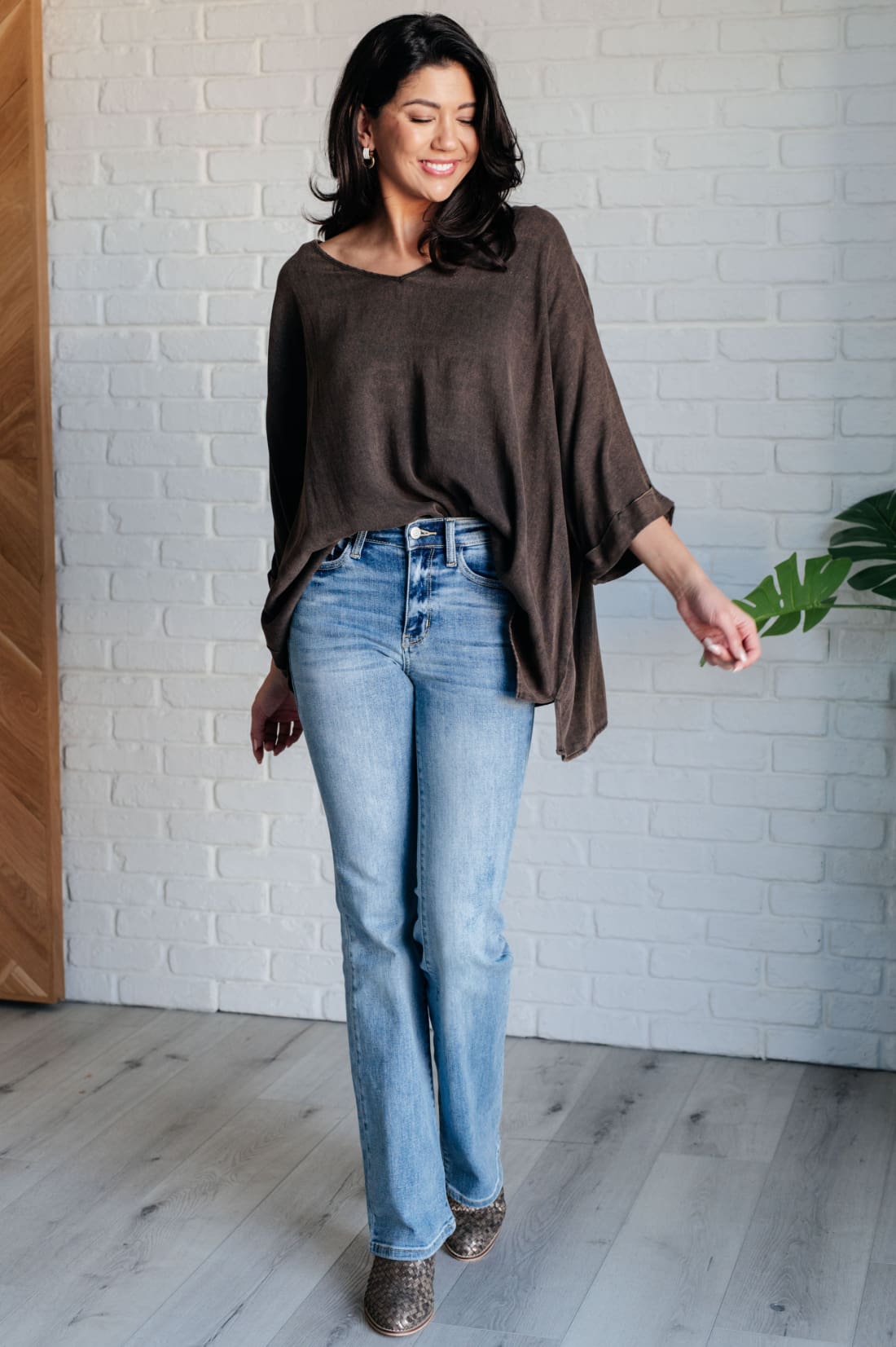 Mineral Washed Oversized Rayon Brown Top