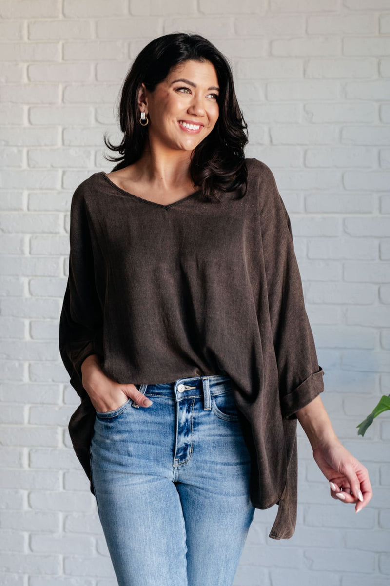 Mineral Washed Oversized Rayon Brown Top