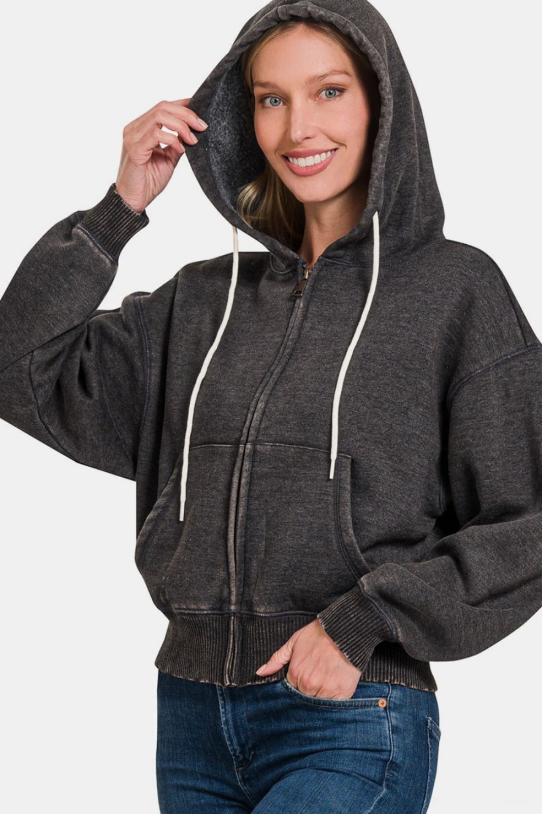 Zenana Acid Wash Fleece Zip-Up Cropped Hoodie | SWEATSHIRTS + HOODIES