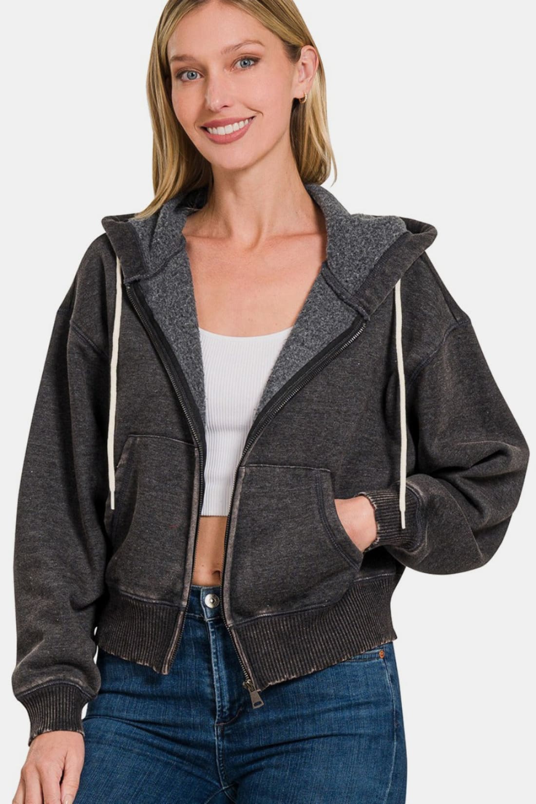 Zenana Acid Wash Fleece Zip-Up Cropped Hoodie | SWEATSHIRTS + HOODIES