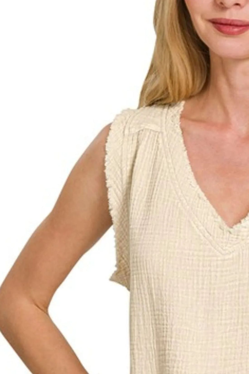 Zenana Double Gauze Raw Edge Acid Washed Tank