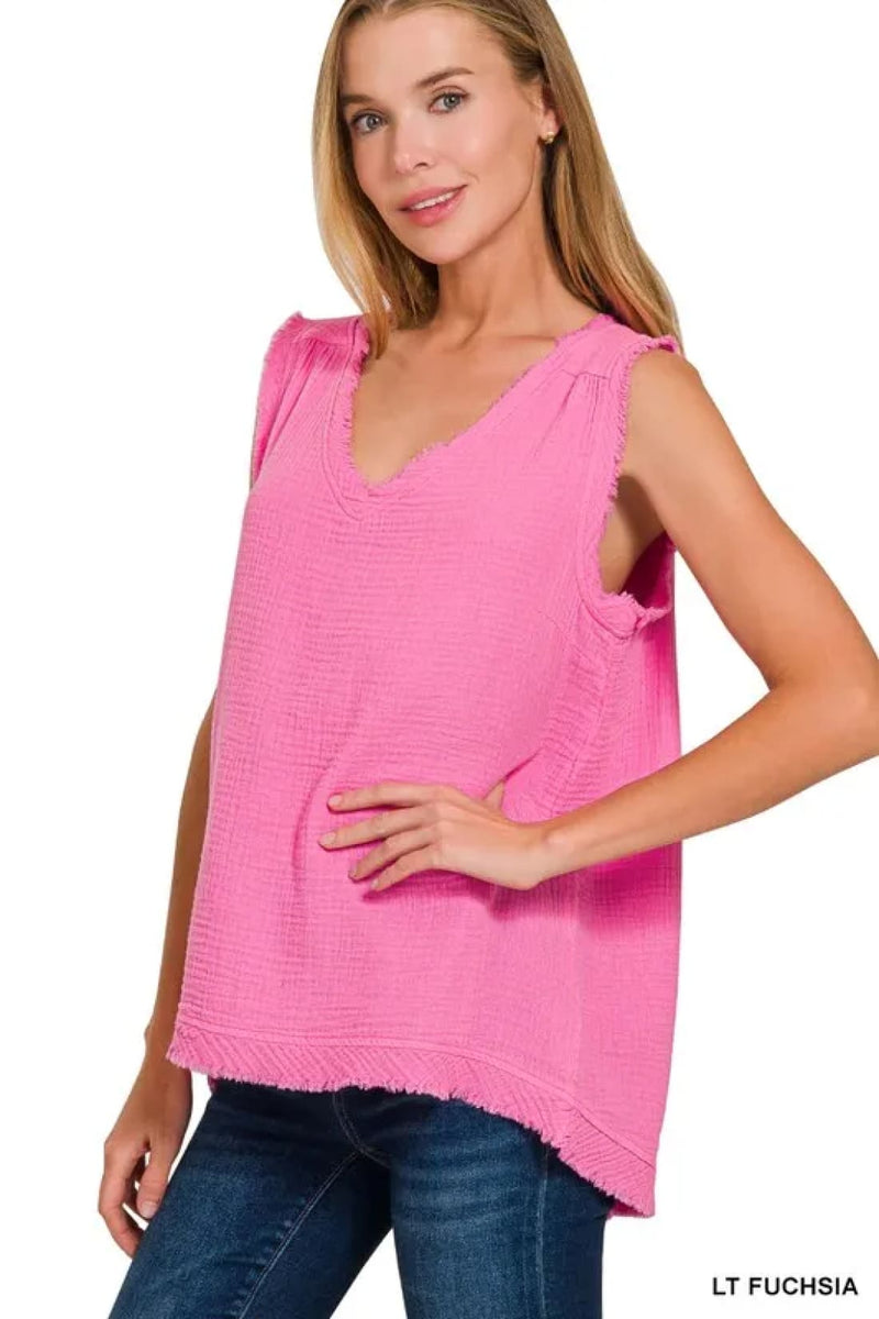 Zenana Double Gauze Raw Edge V Neck Tank