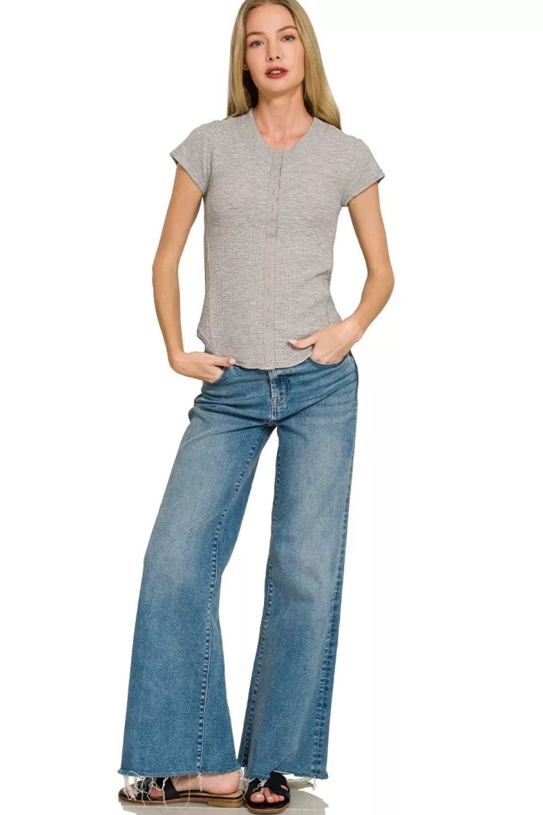 Zenana Double Knit Snap Button Short Sleeve Shirt