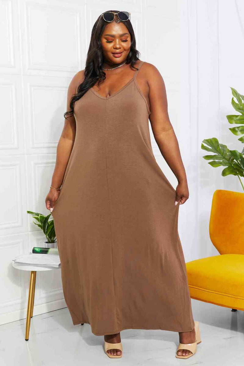 Zenana Full Size Beach Vibes Cami Maxi Dress in Mocha | Maxi Dresses