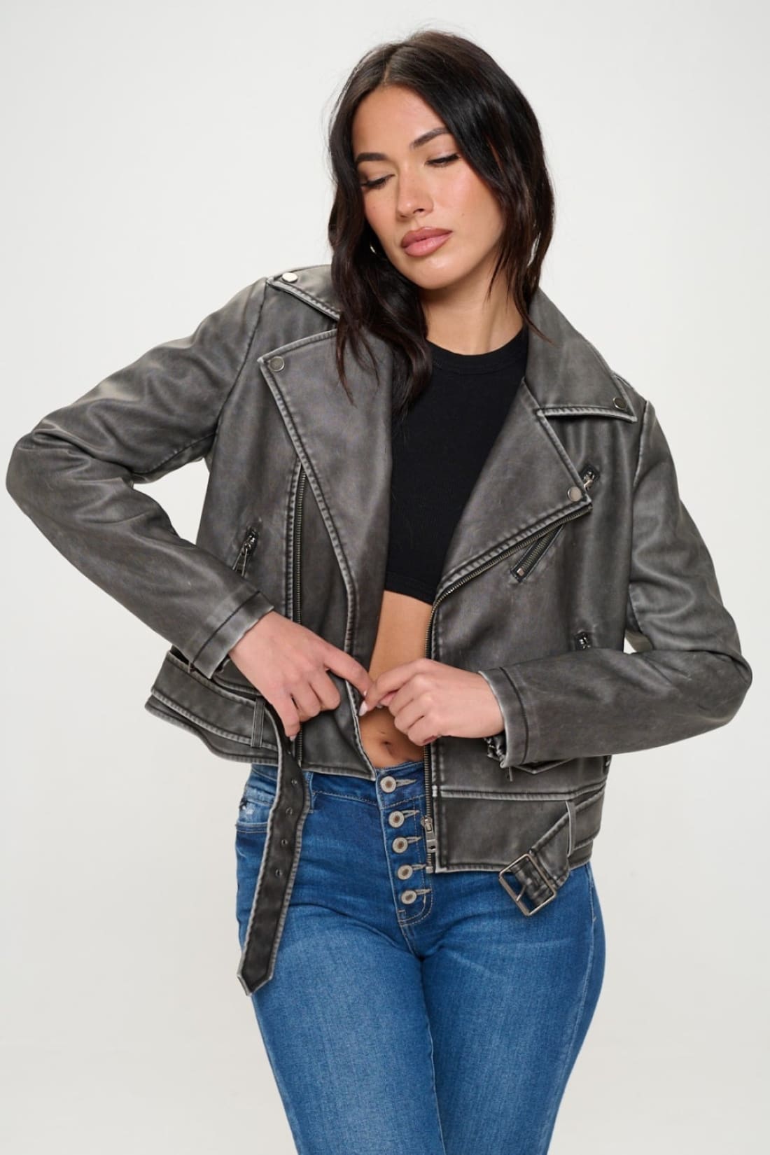 Zip Up Biker Jacket with Belt | Jackets & Coats