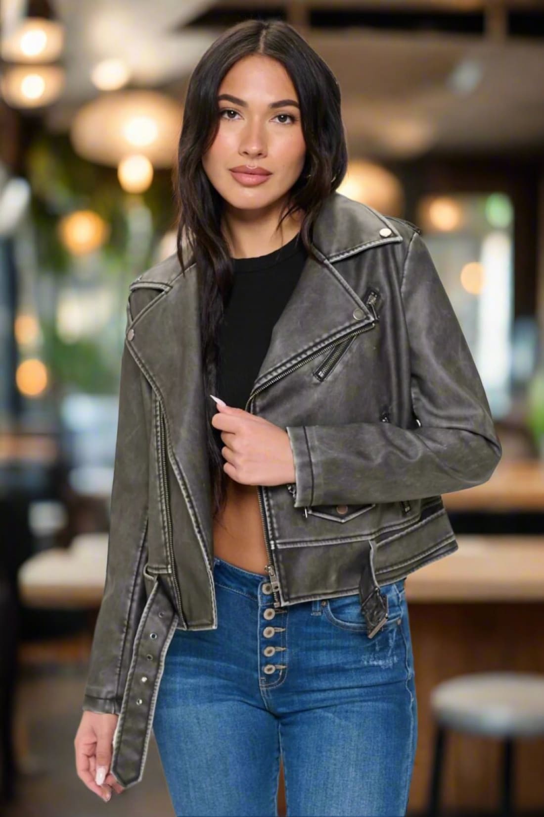 Zip Up Biker Jacket with Belt