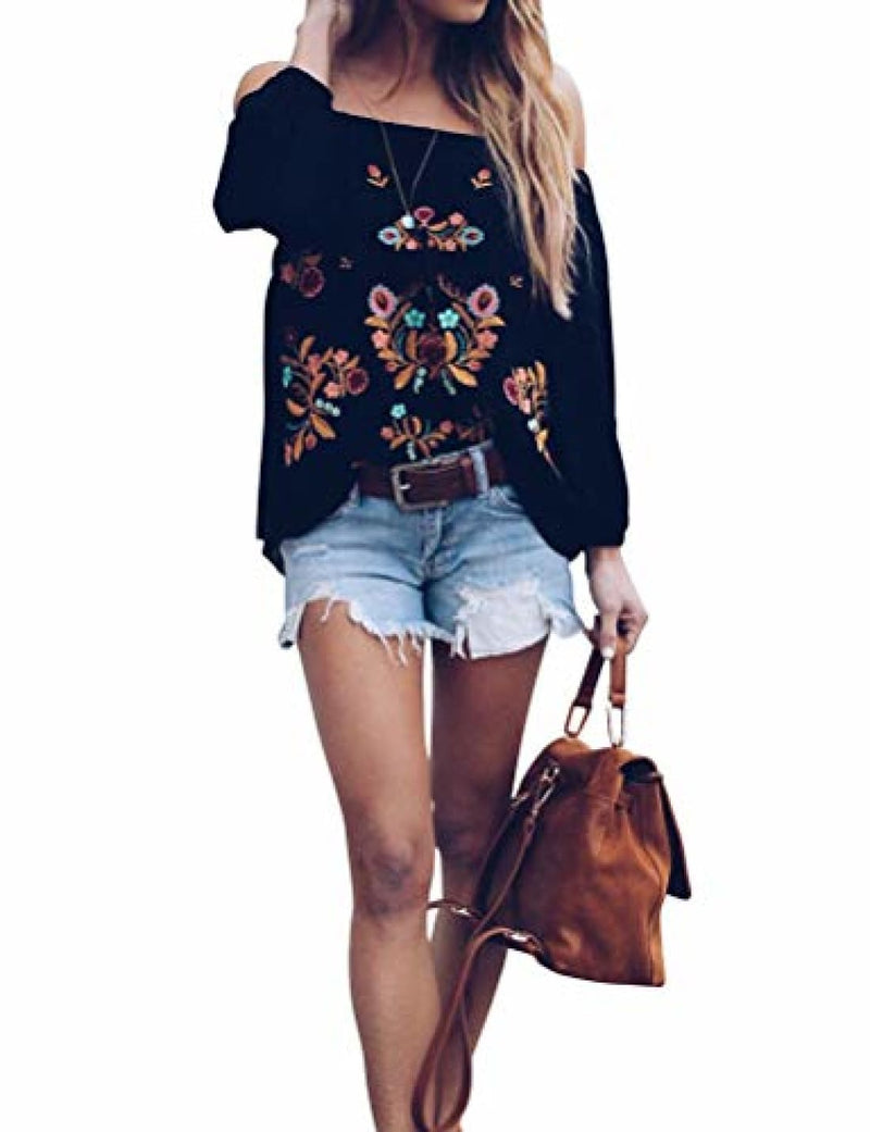 ZXZY Women Embroidered Off Shoulder Long Sleeve Bohemian Floral Blouse Top Tshirt Black | Apparel