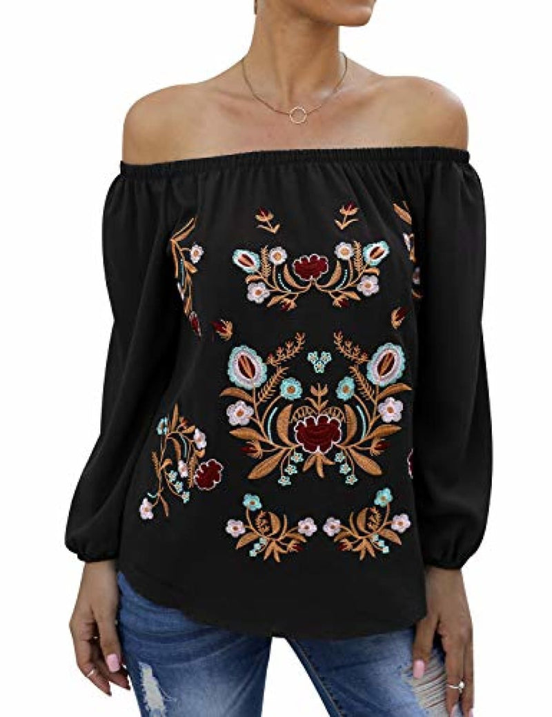 ZXZY Women Embroidered Off Shoulder Long Sleeve Bohemian Floral Blouse Top Tshirt Black | Apparel