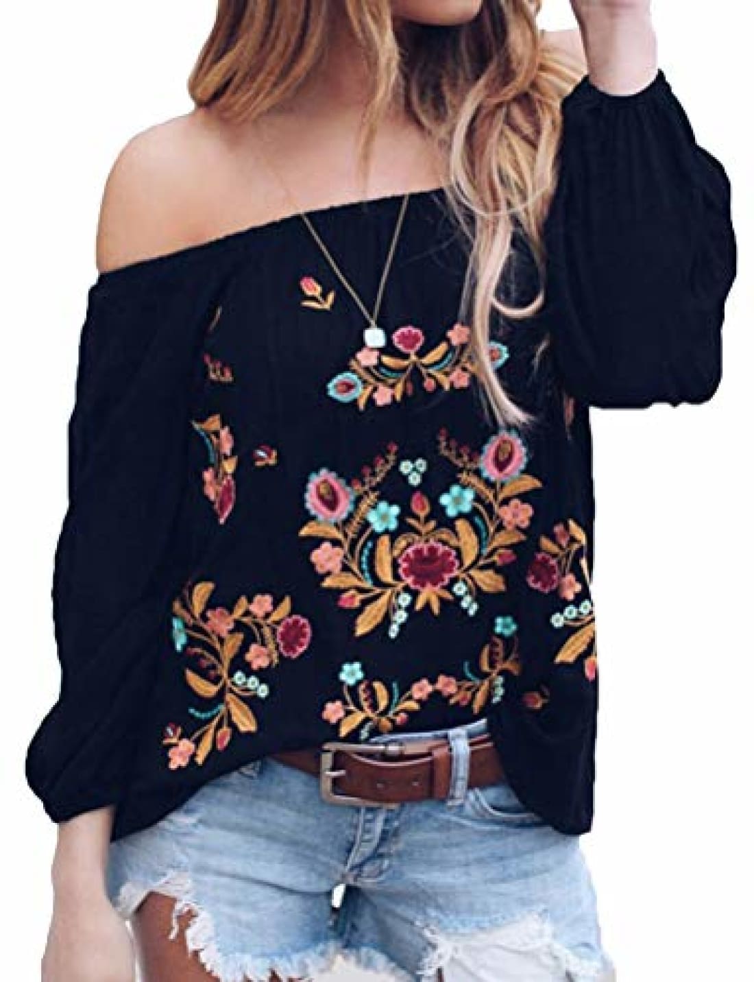 ZXZY Women Embroidered Off Shoulder Long Sleeve Bohemian Floral Blouse Top Tshirt Black