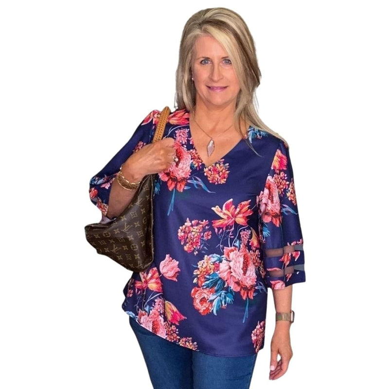 3/4 Flared Kimono Sleeve Floral Chiffon Blouse V-neck Leopard Print Top