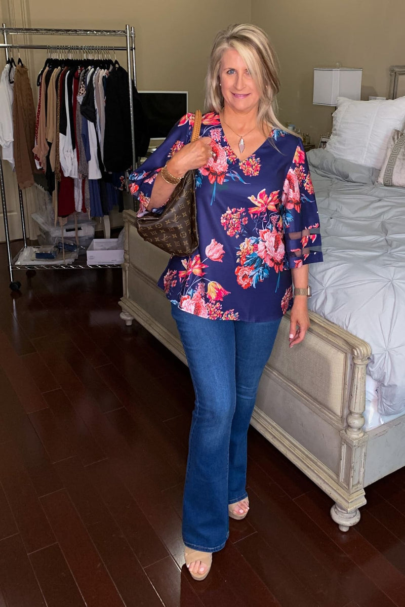 3/4 Flared Kimono Sleeve Floral Chiffon Blouse V-neck Leopard Print Top