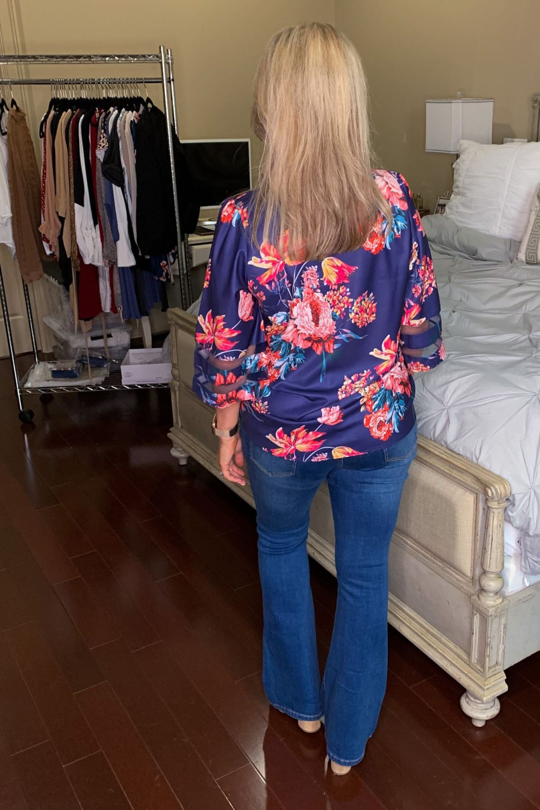 3/4 Flared Kimono Sleeve Floral Chiffon Blouse V-neck Leopard Print Top