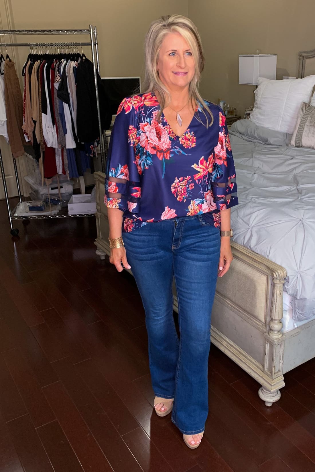 3/4 Flared Kimono Sleeve Floral Chiffon Blouse V-neck Leopard Print Top