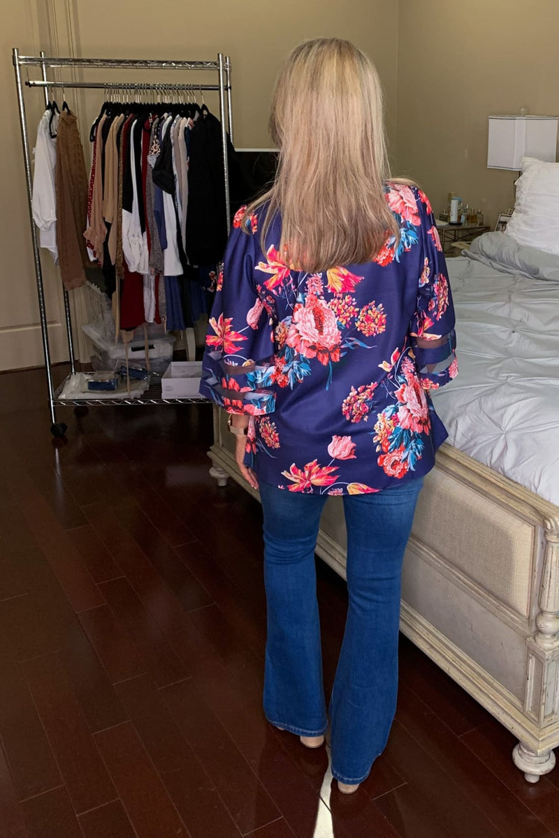 3/4 Flared Kimono Sleeve Floral Chiffon Blouse V-neck Leopard Print Top