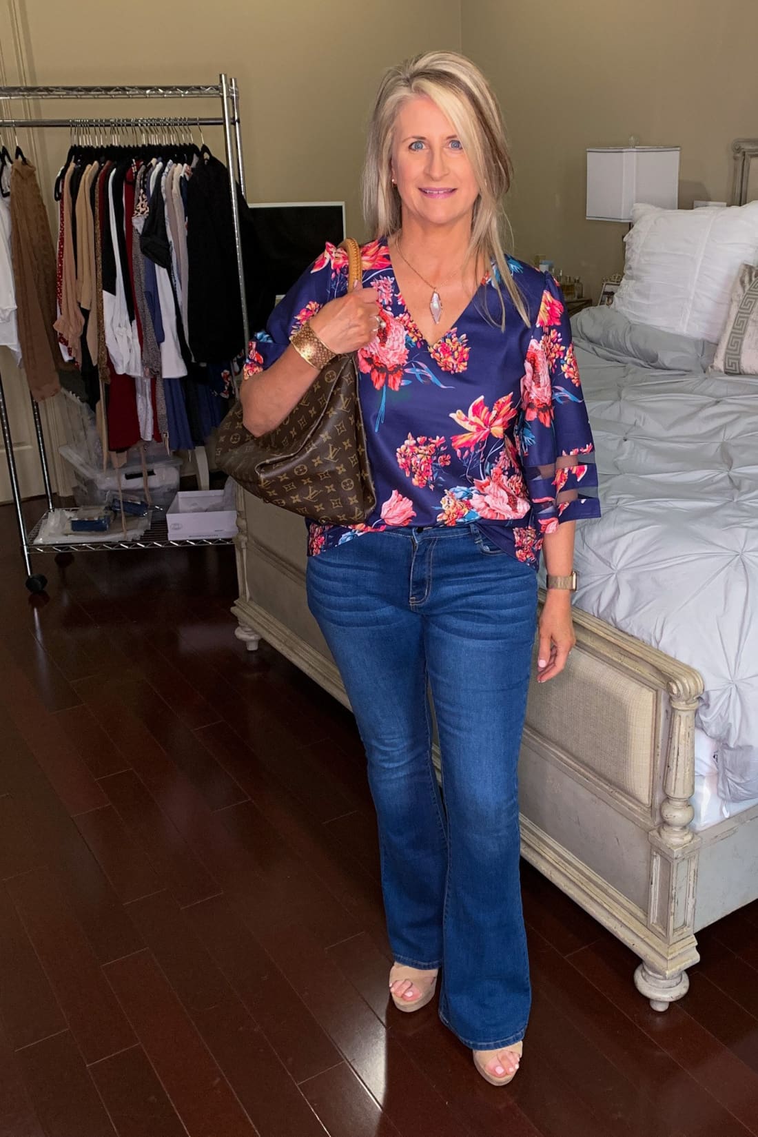 3/4 Flared Kimono Sleeve Floral Chiffon Blouse V-neck Leopard Print Top