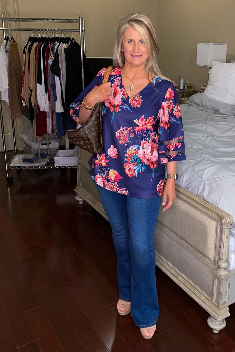 3/4 Flared Kimono Sleeve Floral Chiffon Blouse V-neck Leopard Print Top