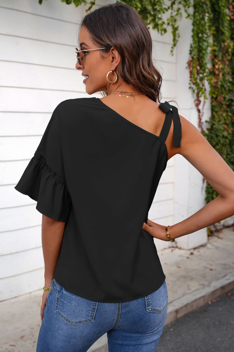 Asymmetrical Flutter Sleeve One Shoulder Top