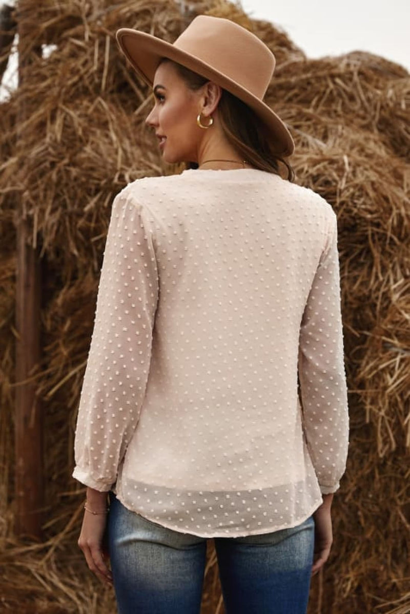 Beige V Neck Dotted Baby-doll Long Sleeve Top