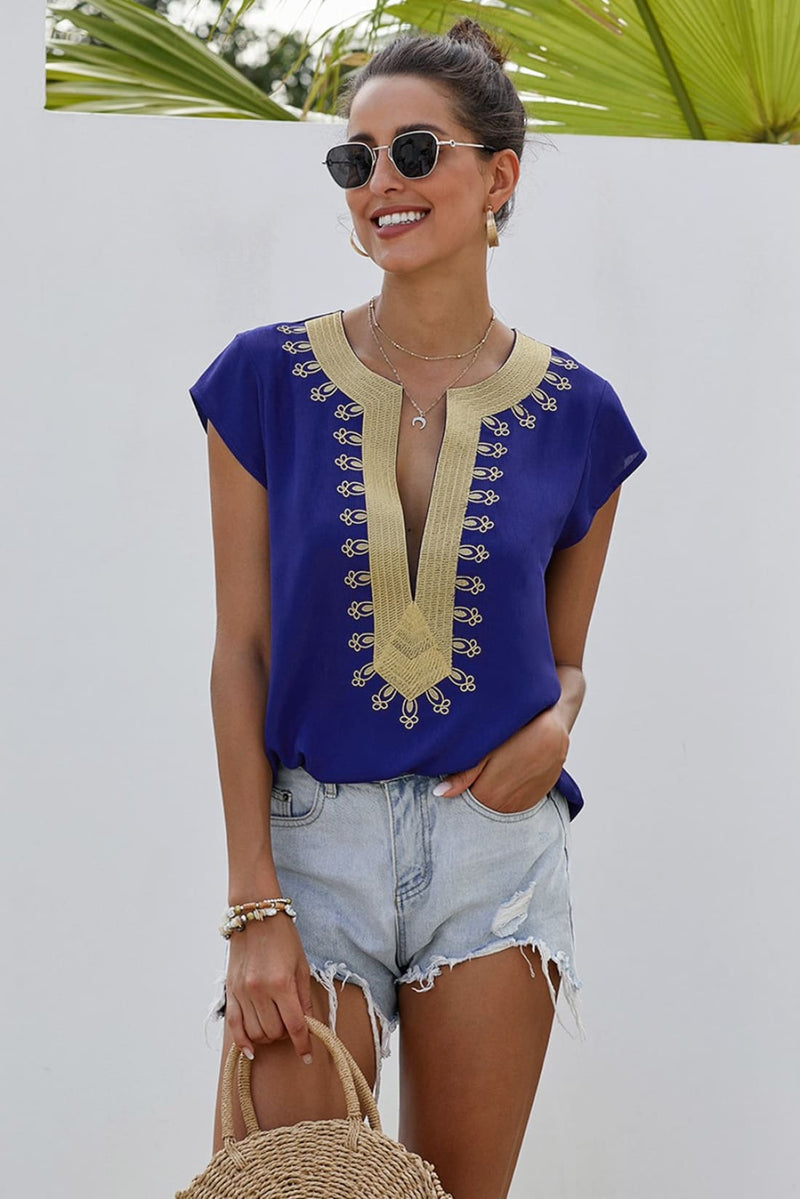 Boho Embroidered Short Sleeve Tunic Shift Blouse