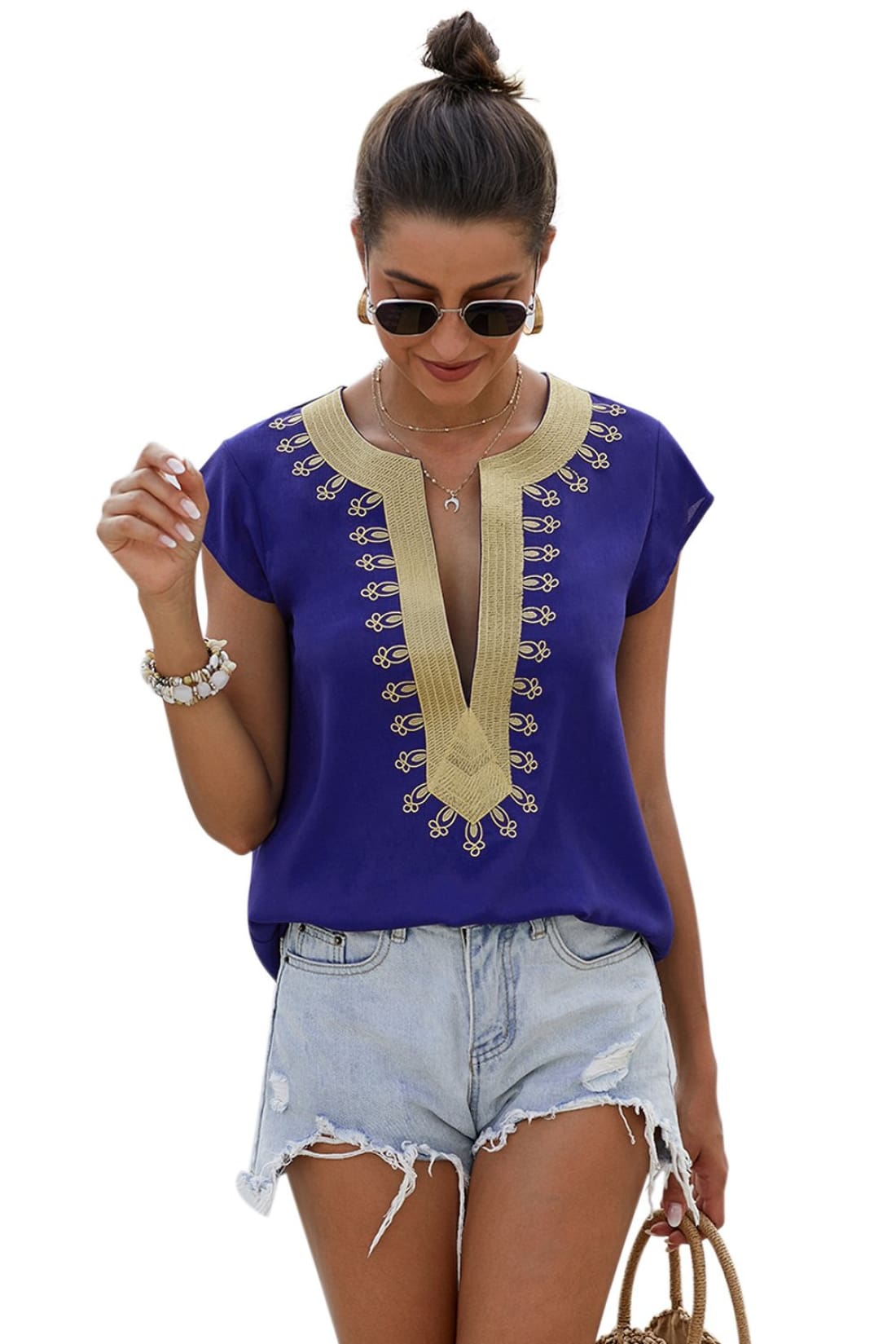 Boho Embroidered Short Sleeve Tunic Shift Blouse