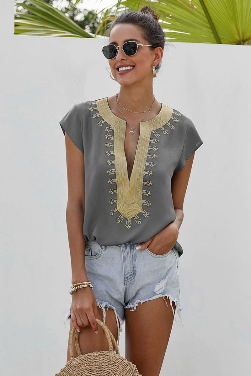 Boho Embroidered Short Sleeve Tunic Shift Blouse