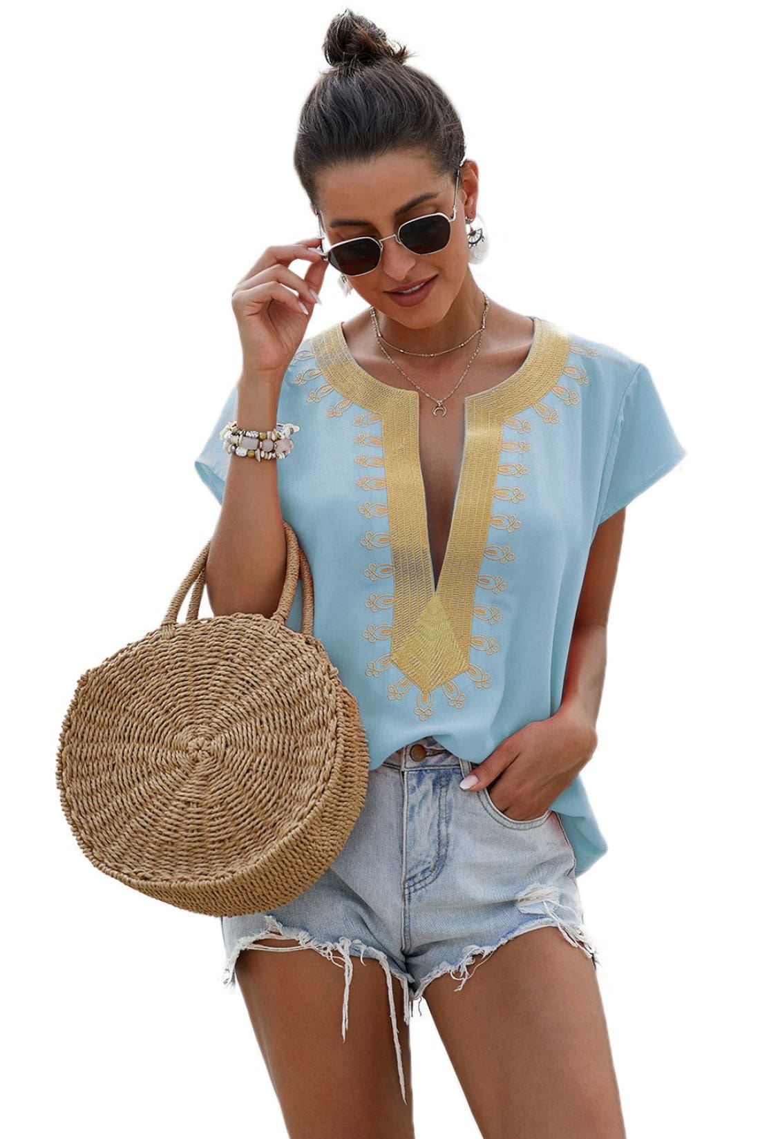 Boho Embroidered Short Sleeve Tunic Shift Blouse